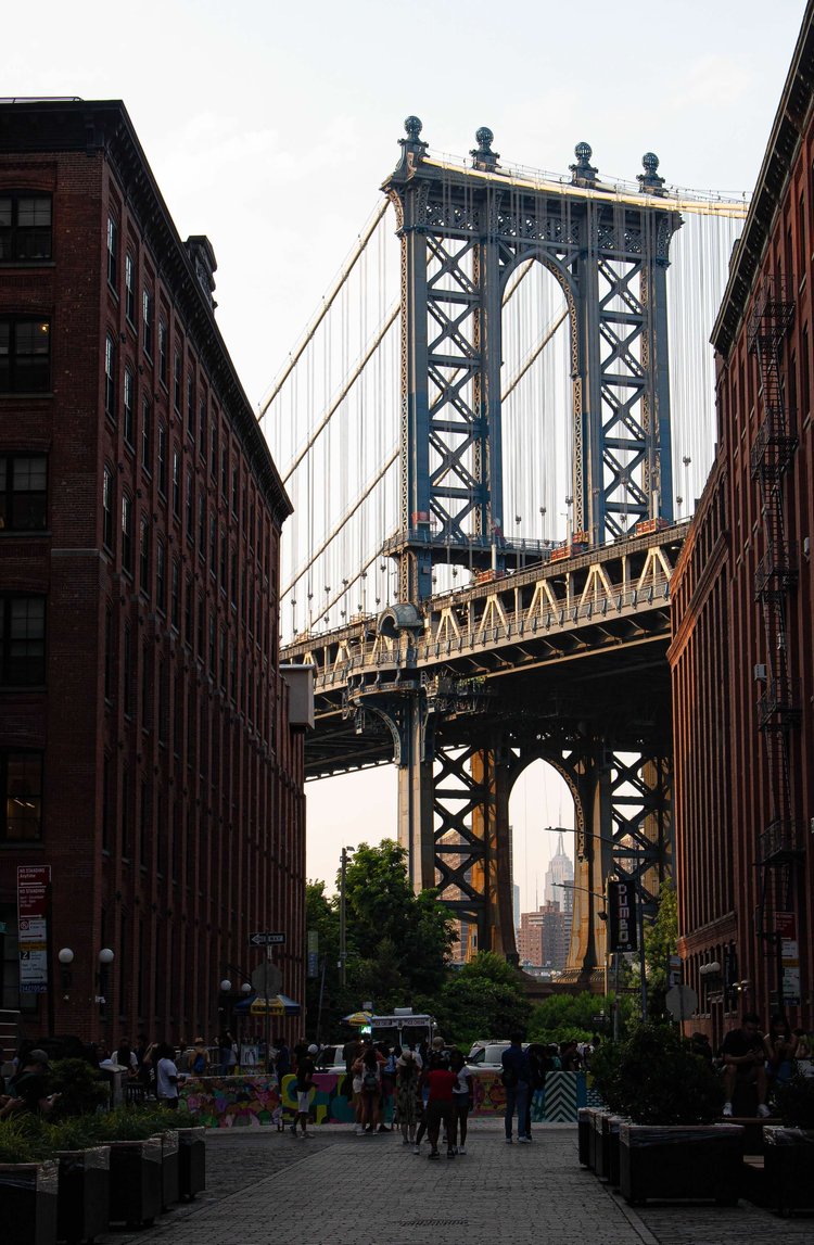The photograph captures the majestic Manhattan Bridge as it rises between two red-brick buildings,...