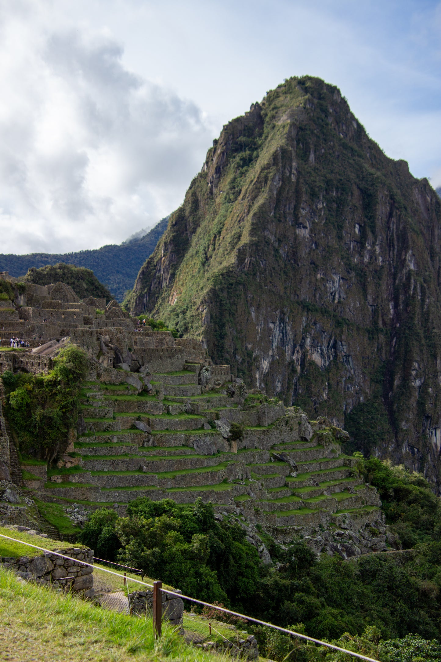 The ancient terraces of Machu Picchu unfold gracefully against the towering, verdant cliffs,...