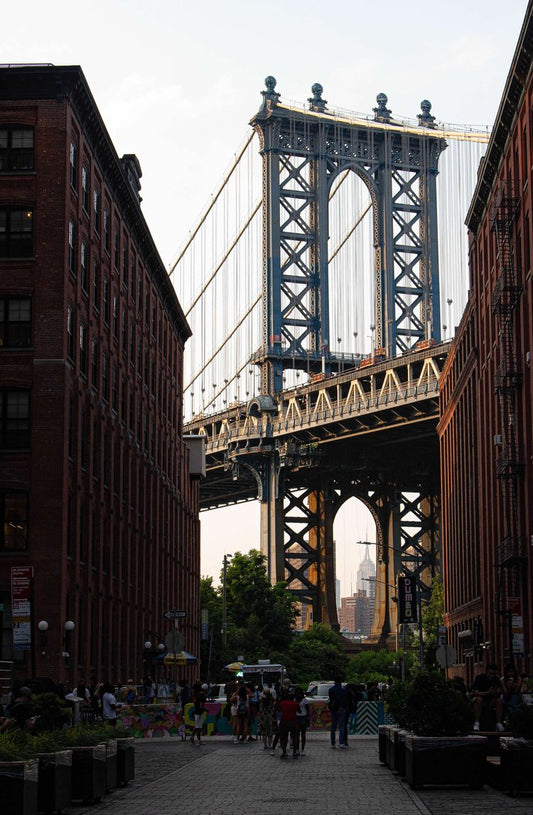 The photograph captures the majestic Manhattan Bridge as it rises between two red-brick buildings,...