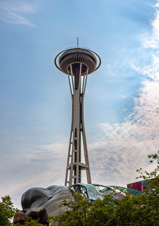 The iconic structure rises majestically against the vibrant sky, its futuristic design creating a...