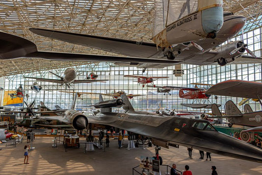 Bathed in natural light, this aviation museum display captures the majestic intersection of history...