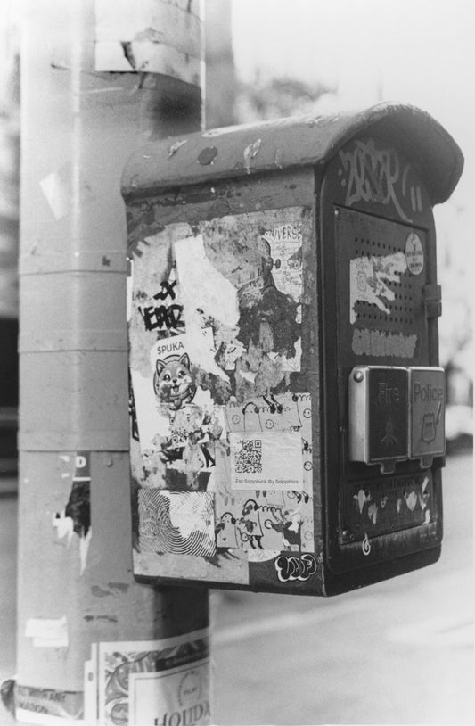 This black-and-white photograph captures a weathered emergency call box, plastered with layers of...